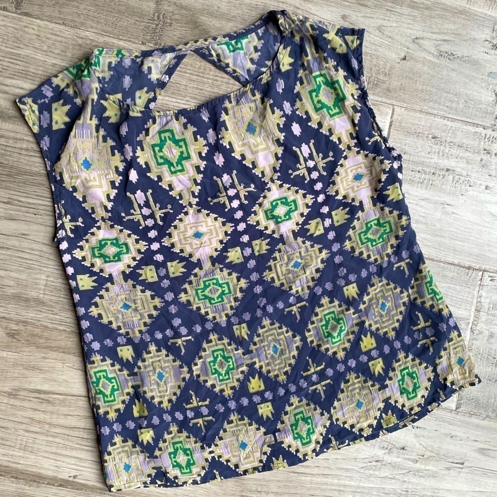 Flynn Skye 100% Silk Blouse Cap Sleeve Boho Ethnic Tribal Print Colorful SZ S
